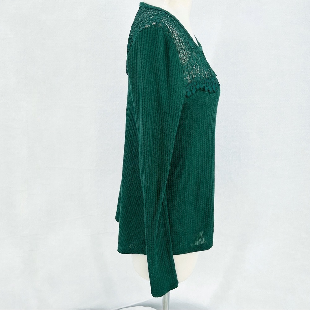 Lucky Brand Pine Grove Green Lace Mixed Thermal Long Sleeve Top Boatneck Hi-Low - Picture 5 of 7